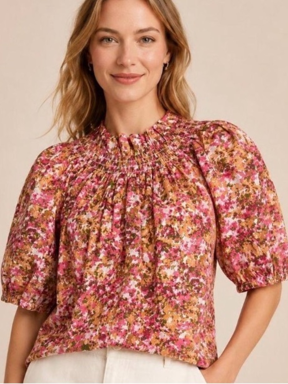 J. Crew Pink and Orange Floral Smocked Neck Blouse